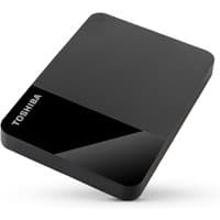 Black Toshiba Canvio Ready 1 TB external hard drive with sleek matte finish and subtle Toshiba logo.