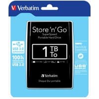 Black Verbatim Store 'n' Go 1TB USB 3.0 portable hard drive with glossy finish and white text on packaging.