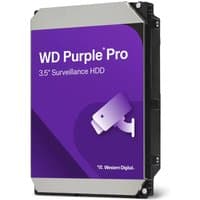 Western Digital Purple Pro 12TB hard drive with purple label, surveillance camera icon, and black casing.