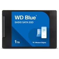 Black Western Digital 1TB SSD with blue label, WD Blue SA510 SATA SSD branding, and computer icon.