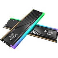 Black XPG Lancer Blade RGB DDR5 memory modules with colorful LED edges and sleek diagonal patterns.