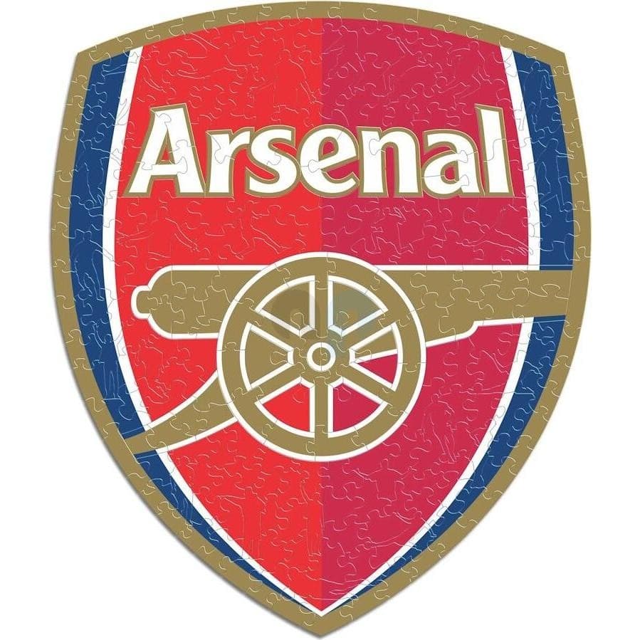 Wooden puzzle featuring the iconic Arsenal FC logo, showcasing a red and blue shield with a gold cannon and the word "Arsenal" in bold white letters, consisting of 150 pieces.