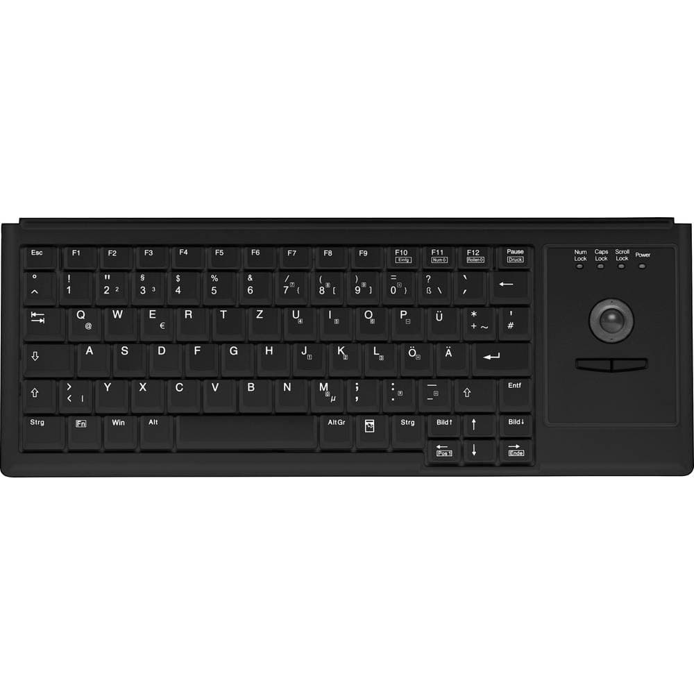 Black USB keyboard featuring a compact layout with English keys, function keys, and a built-in trackball for easy navigation.