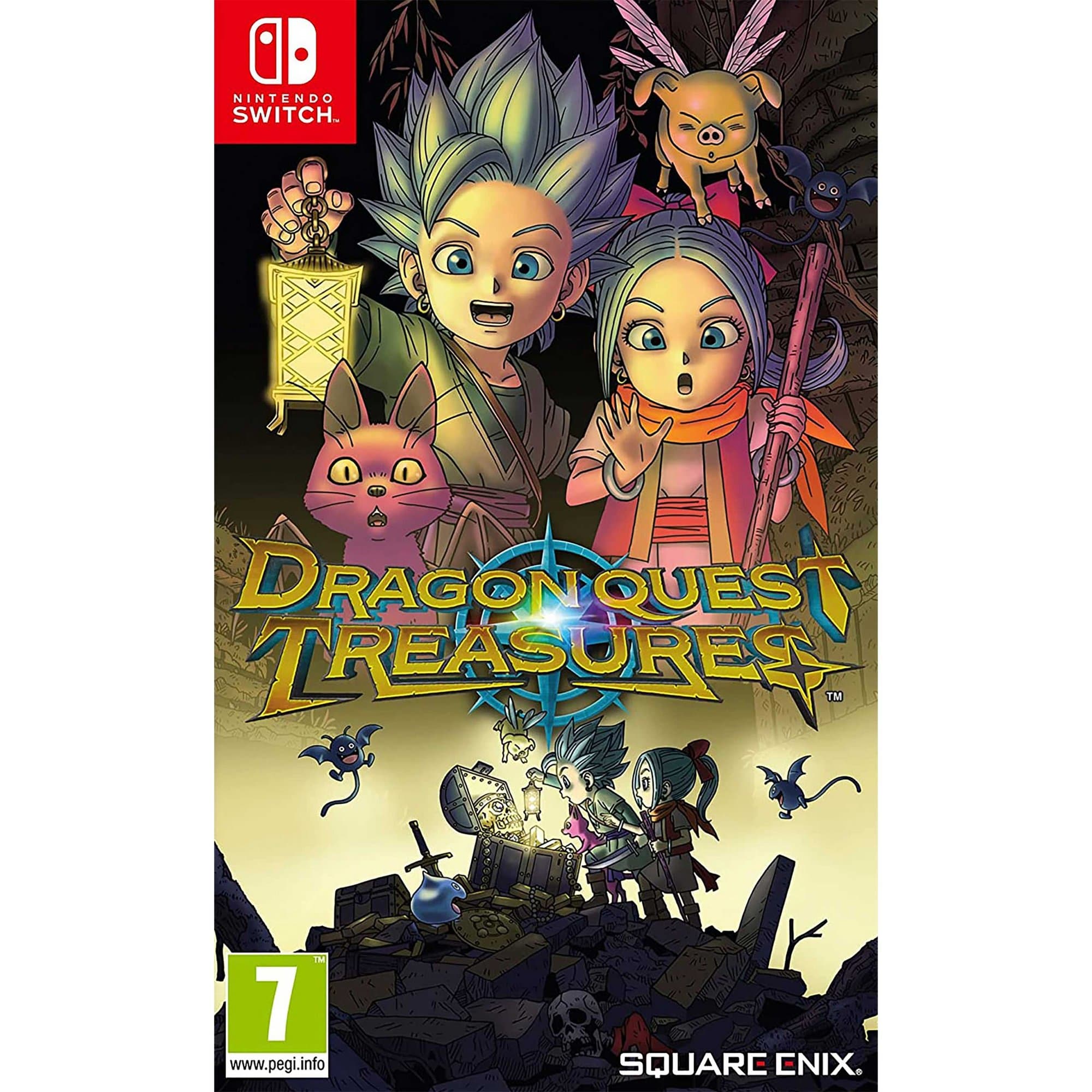 Colorful game cover featuring two characters, a boy and a girl, with surprised expressions, surrounded by cute creatures, set against a treasure-themed background.