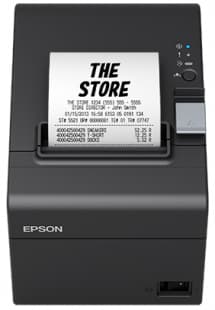 Black Epson TM-T20III direct thermal POS printer with a paper roll, featuring a control panel with buttons and indicator lights, capable of printing at 250 mm/sec and 203 DPI.