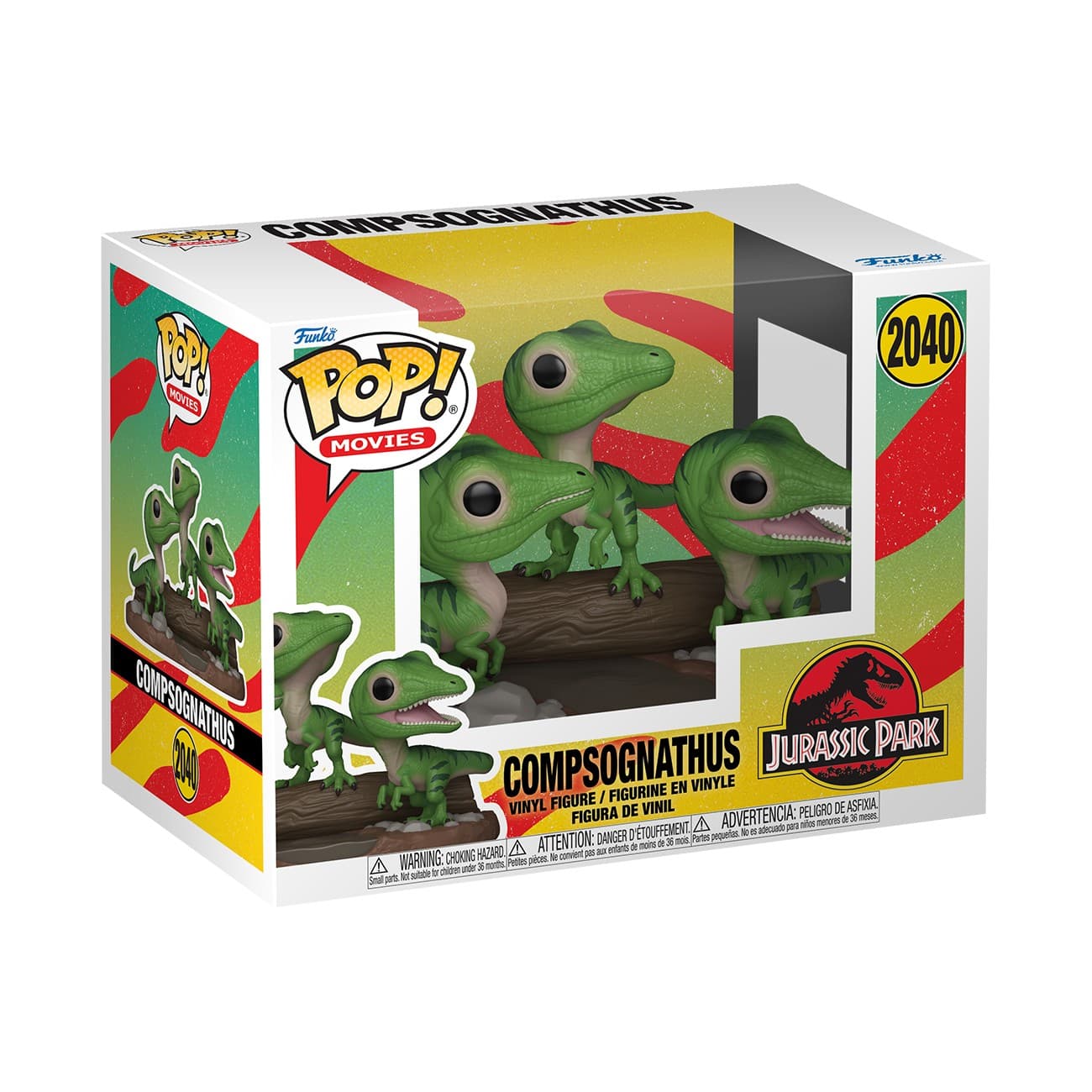 Jurassic Park Funko POP! Compsognathus figure set features three green vinyl dinosaurs with large eyes, displayed in a colorful box with a Jurassic Park logo and vibrant background.