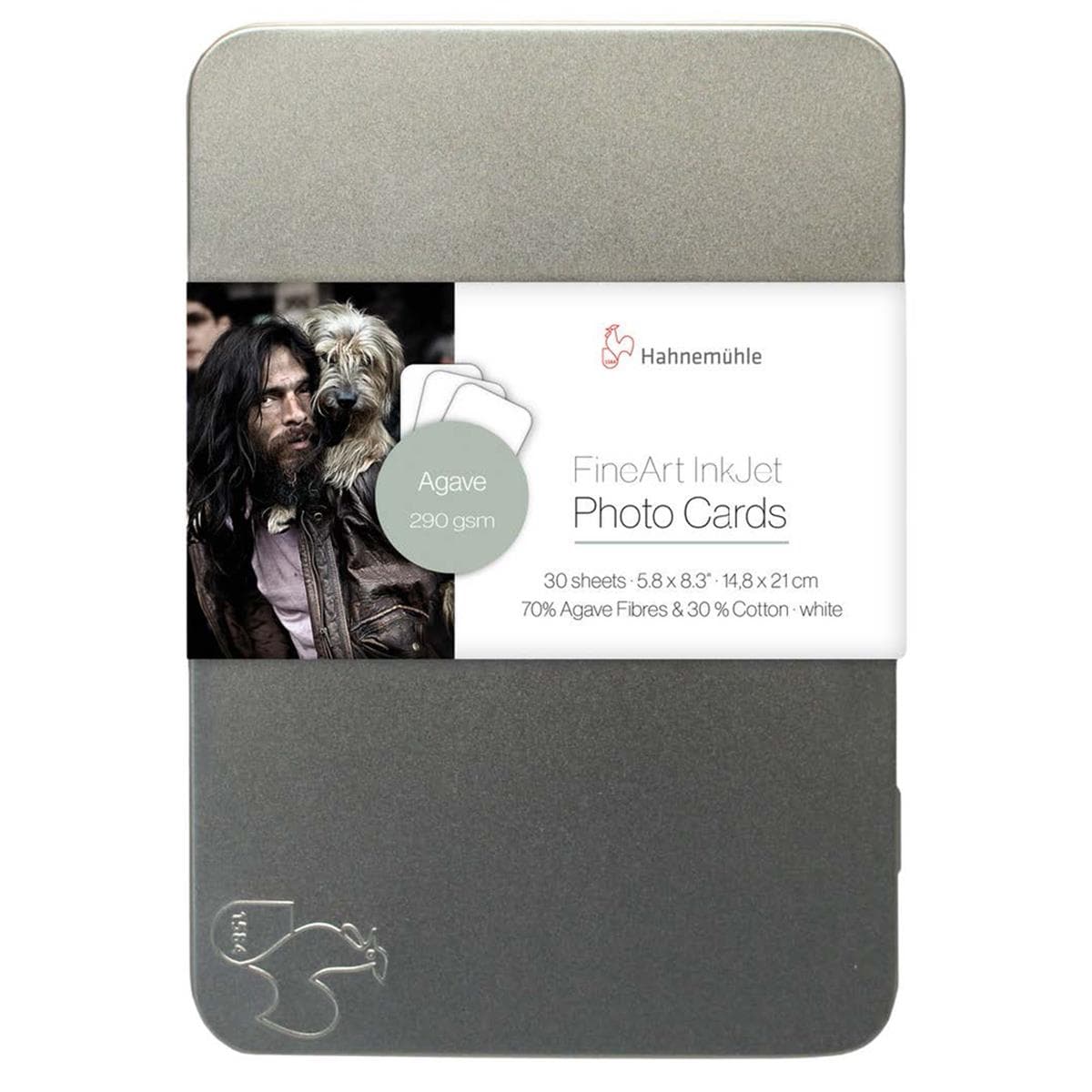 Hahnemühle Agave photo card pack in a sleek gray case, featuring a label with a photo of a man and dog, containing 30 sheets of 290gsm, made from 70% agave fibers.