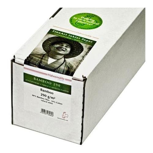 White box packaging for Hahnemühle Bamboo FineArt inkjet paper, featuring a black and white portrait on the front, labeled "Bamboo 290 gsm," indicating 90% bamboo and 10% cotton content.