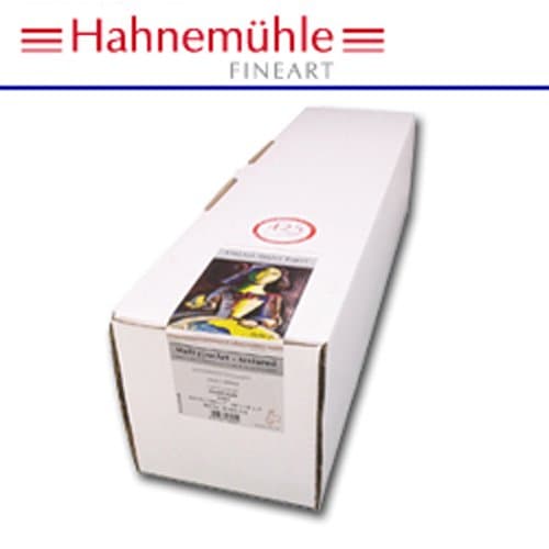 White packaging box for Hahnemühle William Turner paper, featuring a colorful label with artwork, dimensions 44 inches by 12 meters, and a weight of 190gsm.