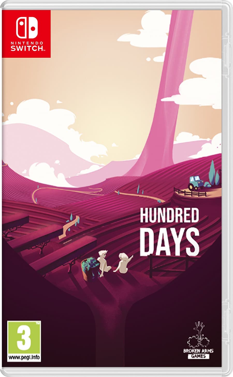 Colorful game cover featuring a stylized vineyard landscape with rolling hills, a pink sky, and two characters, titled "Hundred Days" with Nintendo Switch branding at the top.