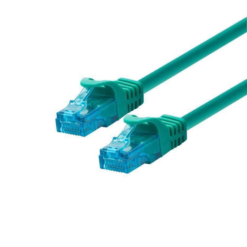 Bright turquoise Ethernet cable, 10 meters long, featuring clear plastic connectors with locking tabs, designed for high-speed network connections, labeled as C5e by LOGON PROFESSIONAL.