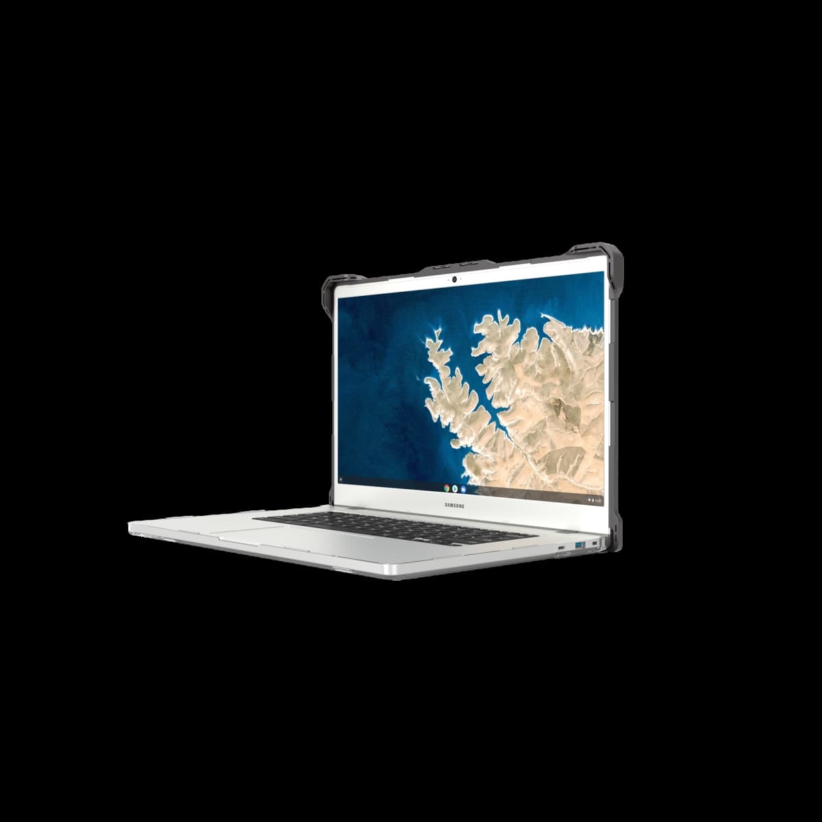 Black rugged shell case designed for 15" laptops, featuring reinforced corners, a textured surface for grip, and an open front displaying a laptop with a blue and white screen.