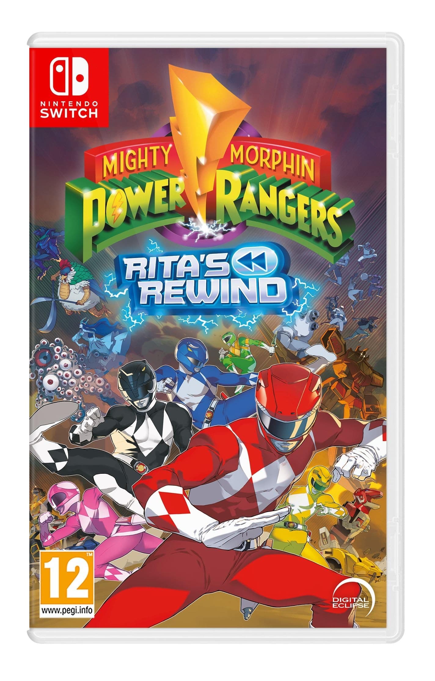 Mighty Morphin Power Rangers: Rita's Rewind for Nintendo Switch features vibrant artwork with colorful Rangers, including a prominent red Ranger in action, set against a dynamic background.