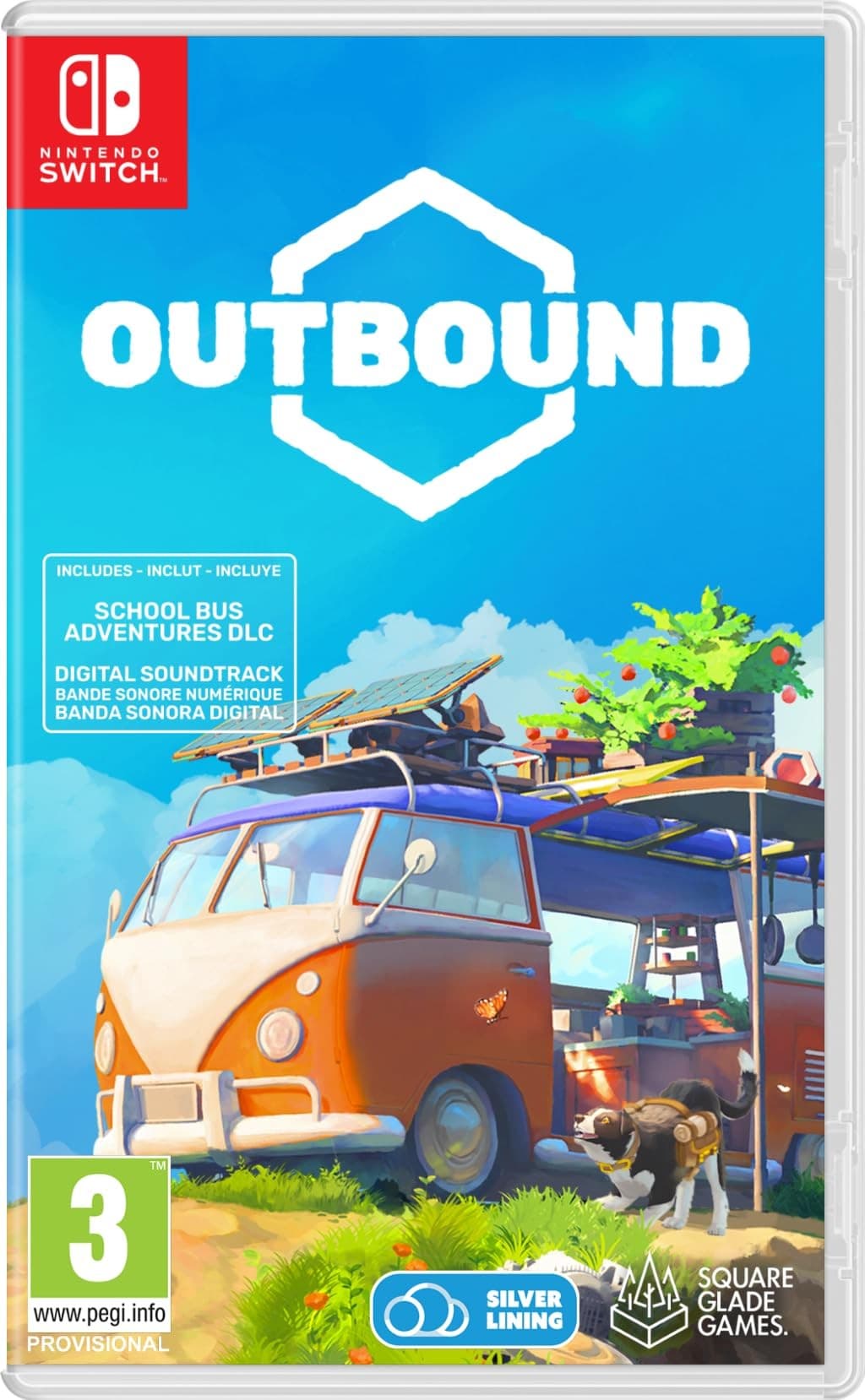 Colorful game cover featuring a retro orange Volkswagen bus, lush greenery, and a blue sky, with the title "OUTBOUND" prominently displayed at the top.