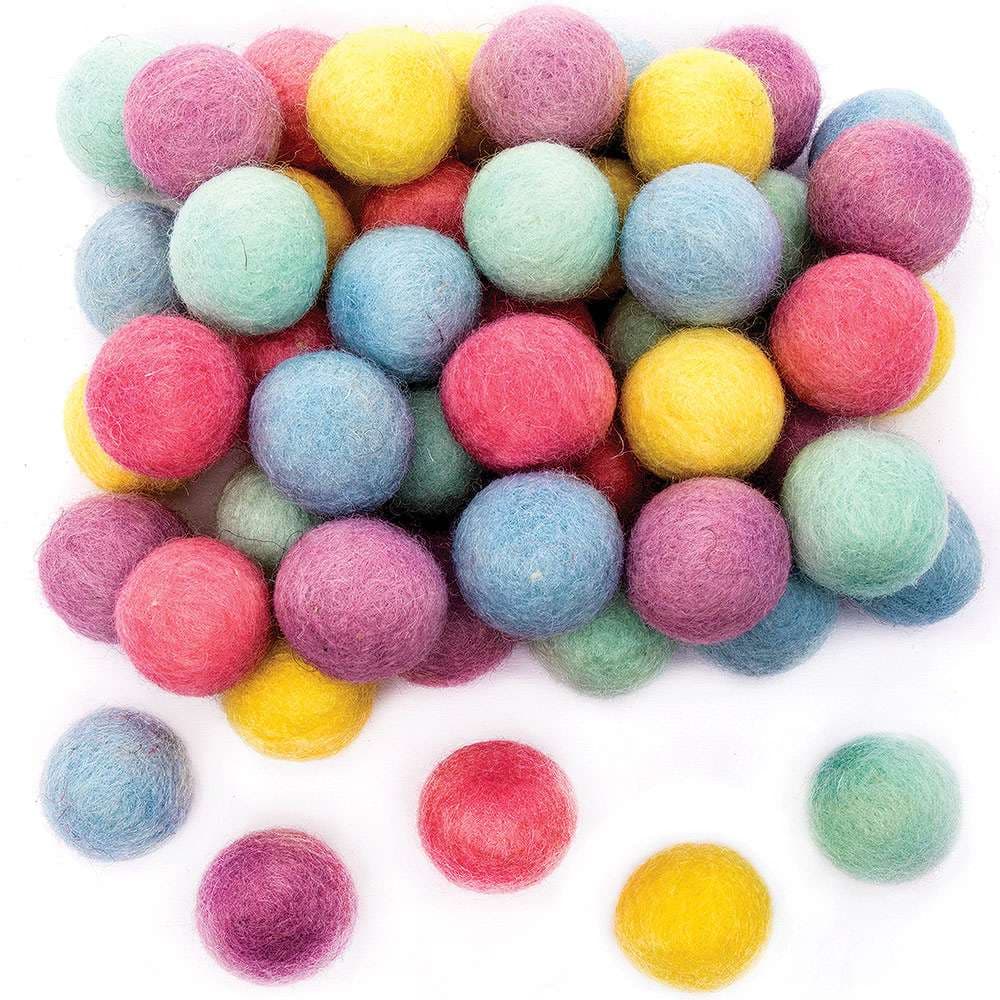 Colorful pack of 50 pastel felt balls in pink, lilac, blue, green, and yellow, perfect for craft embellishments, showcasing a soft, textured wool material.