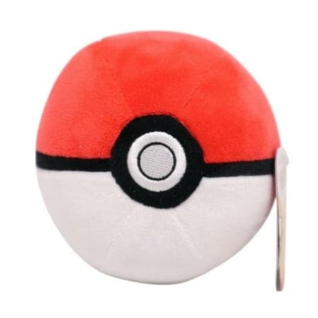 Red and white plush Poke Ball soft toy, 10cm in size, featuring a black outline and a central black button, made from soft fabric for cuddly play.
