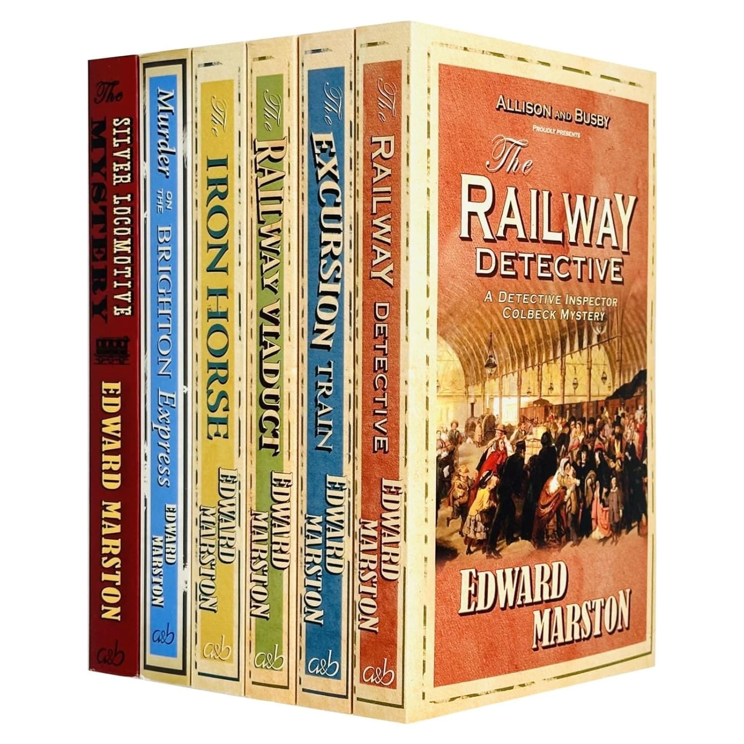 Six colorful paperback books from the "Railway Detective" series by Edward Marston, featuring titles in bold text and illustrations of railway scenes on the covers.