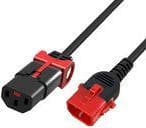 Black PVC power cable with a 1.0MM thickness, featuring a C14 connector in black and a C13 connector in red, designed for secure electrical connections.