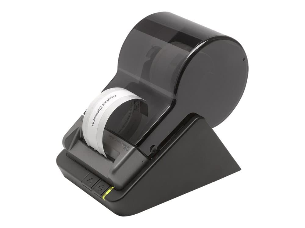 Black thermal transfer label printer with a sleek design, featuring a transparent cover, a roll of labels, and control buttons at the front for easy operation.