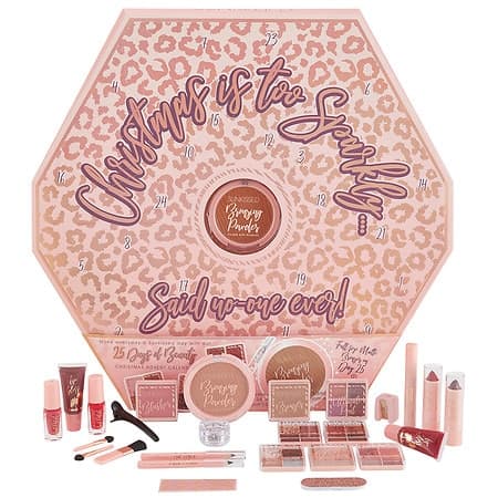 Sunkissed 25 Days of Beauty Advent Calendar features a pink leopard print design, showcasing various beauty products including lip glosses, blushes, and makeup tools in a festive layout.