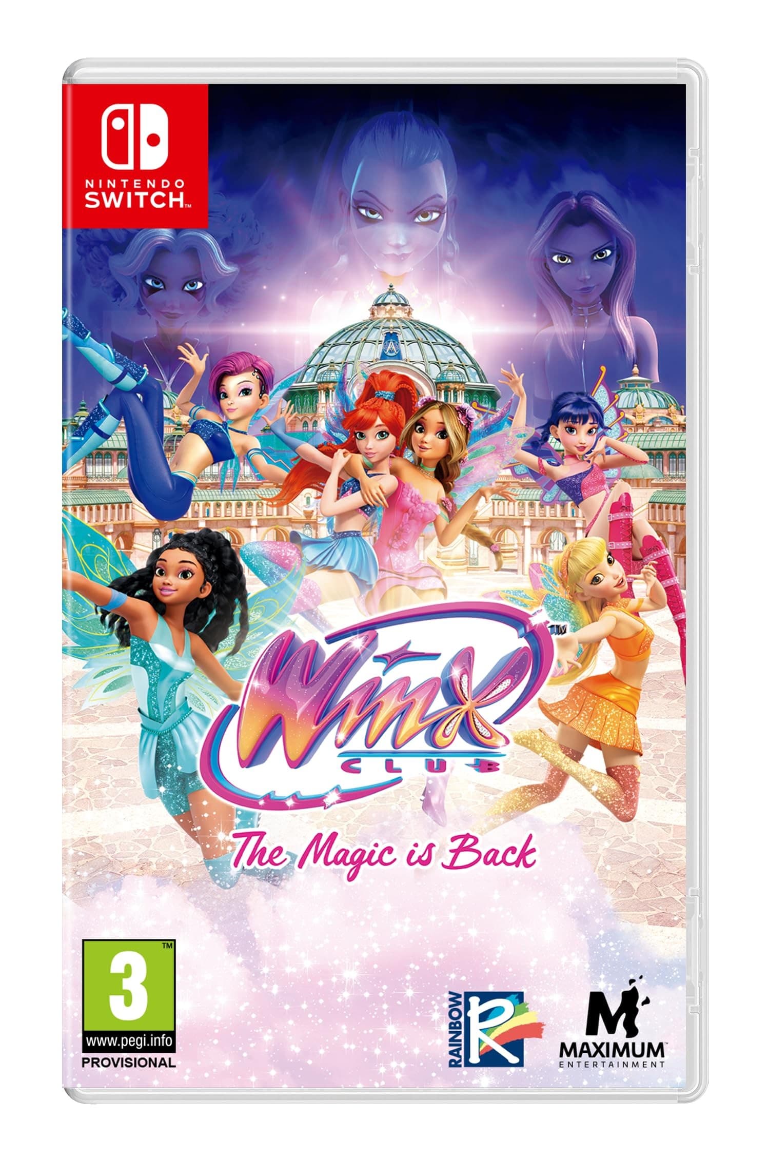 Colorful game cover featuring the Winx Club characters in vibrant outfits, set against a magical backdrop with a large dome, titled "The Magic Is Back" at the bottom.