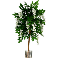 Luxury 130cm artificial wisteria tree with cascading white flowers in a sleek silver metal planter.