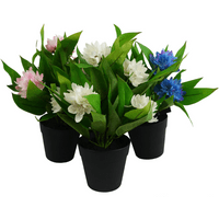 Three 18cm artificial freesia plants with pink, white, and blue flowers in black pots.