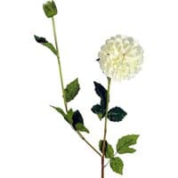Cream artificial Dahlia PomPom flower with green leaves and stem, 75cm tall by Leaf.
