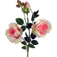 80cm artificial pink rose stem with three blooming flowers and green leaves.