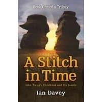 "A Stitch in Time book with rock formations at sunset, part of a trilogy by Ian Davey, title in bold yellow font"