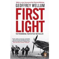 "First Light book by Geoffrey Wellum, cover with WWII pilots and a Spitfire plane, bold red title text."