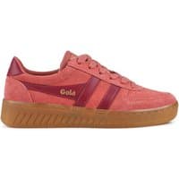 Terracotta suede leather trainers with maroon accents, gum sole, and Gola logo on the side.