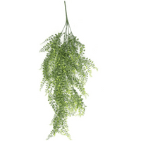Hanging artificial trailing button fern plant, 82cm, with dense green foliage, UV and fire resistant.