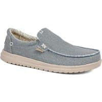 Navy HeyDude Mikka loafers with braided textile, slip-on design, and beige sole.