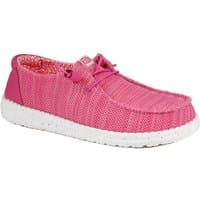 Fuschia HeyDude Wendy Stretch Sox shoes with white speckled sole and lace-up design.