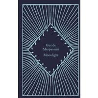 Navy hardcover book "Moonlight" by Guy de Maupassant with light blue geometric line design.