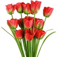 Pack of 6 artificial tulip stems, 80cm, vibrant red petals with green accents, realistic design by Leaf.