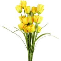 Pack of 6 artificial yellow tulip stems, 80cm tall, with vibrant blooms and green leaves.