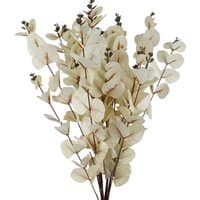 Pack of 6 white eucalyptus foliage stems, 80cm long, with round leaves and small buds.
