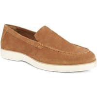 Cognac suede slip-on leather shoe with white sole and moccasin-style stitching by Jones Bootmaker.