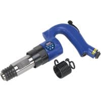 Blue and silver Sealey industrial air chipping hammer with ergonomic handle and coil spring attachment.