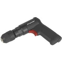 Black Sealey air pistol drill with 10mm keyless chuck and red trigger handle.