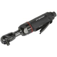 Black Sealey air mini ratchet wrench with 3/8" drive, compact design, red accent, and ergonomic grip handle.