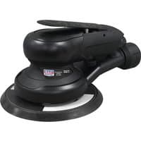 Black Sealey palm air sander with 150mm disc, ergonomic handle, and dust-free design.