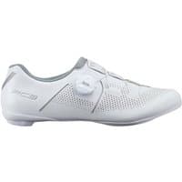 White Shimano RC3W women's road cycling shoe with perforated design and BOA dial closure system.