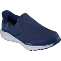 Navy Skechers Equalizer 6.0 Textile Men's Trainers with slip-on design, mesh upper, and white cushioned sole.