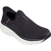 Black and pink Skechers Women's D'Lux Walker 2.0 shoes with slip-on design, mesh upper, and thick white sole.