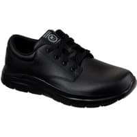 Black Skechers occupational shoe, lace-up design, slip-resistant sole, smooth leather upper, size 12.
