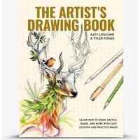 "The Artist's Drawing Book with deer illustration, colored pencils, and sketching tools on the cover."