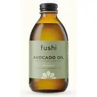 Amber glass bottle of Fushi Organic Avocado Oil 100ml with green label and black cap.